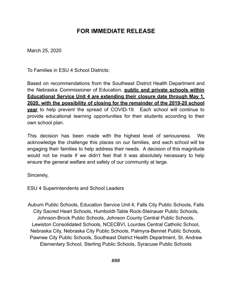 March 25th Press Release from ESU 4 Schools