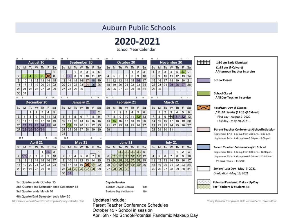 2021 School Calendar Updated 8/31/20 Auburn Public Schools